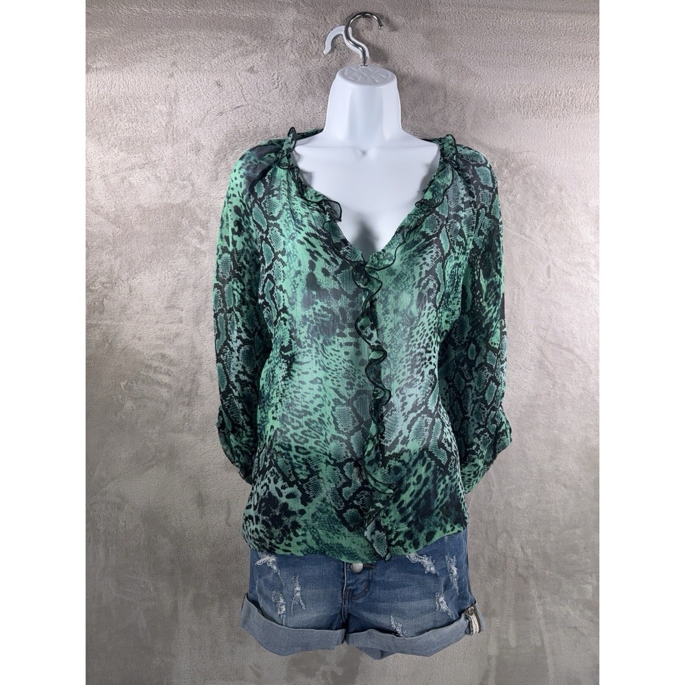 ba&sh Rick Ruffled Blouse Womens Size XS Green Snake Print Sheer Boho‎